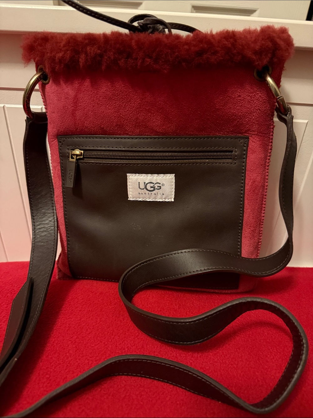 UGG Red Suede and Chocolate Brown Leather Crossbody Bag with Shearling Trim